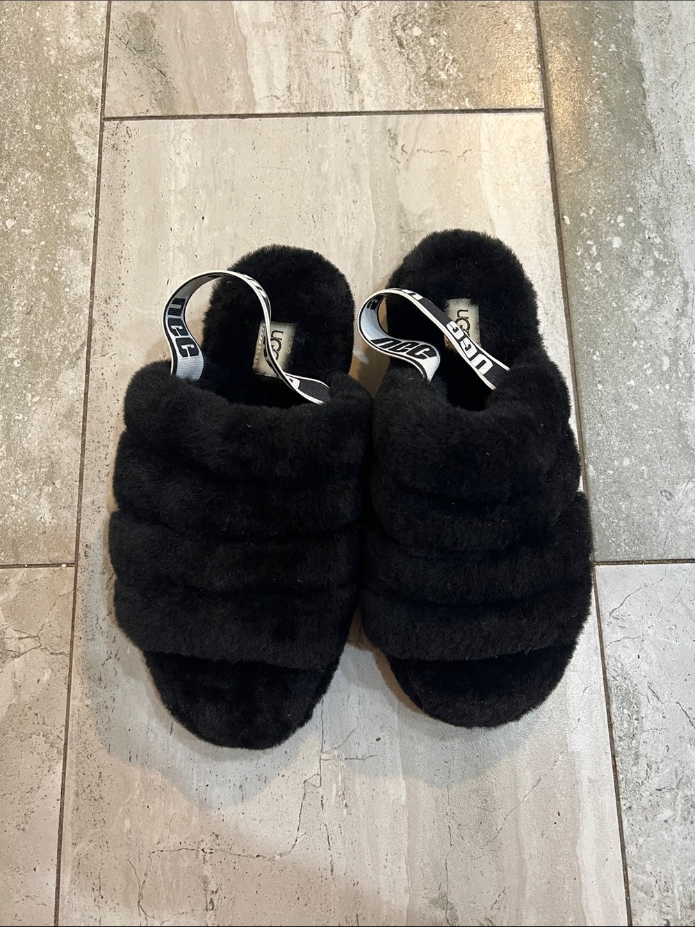 UGG Black Fuzzy Quilted Slide Sandals with Branded Heel Strap